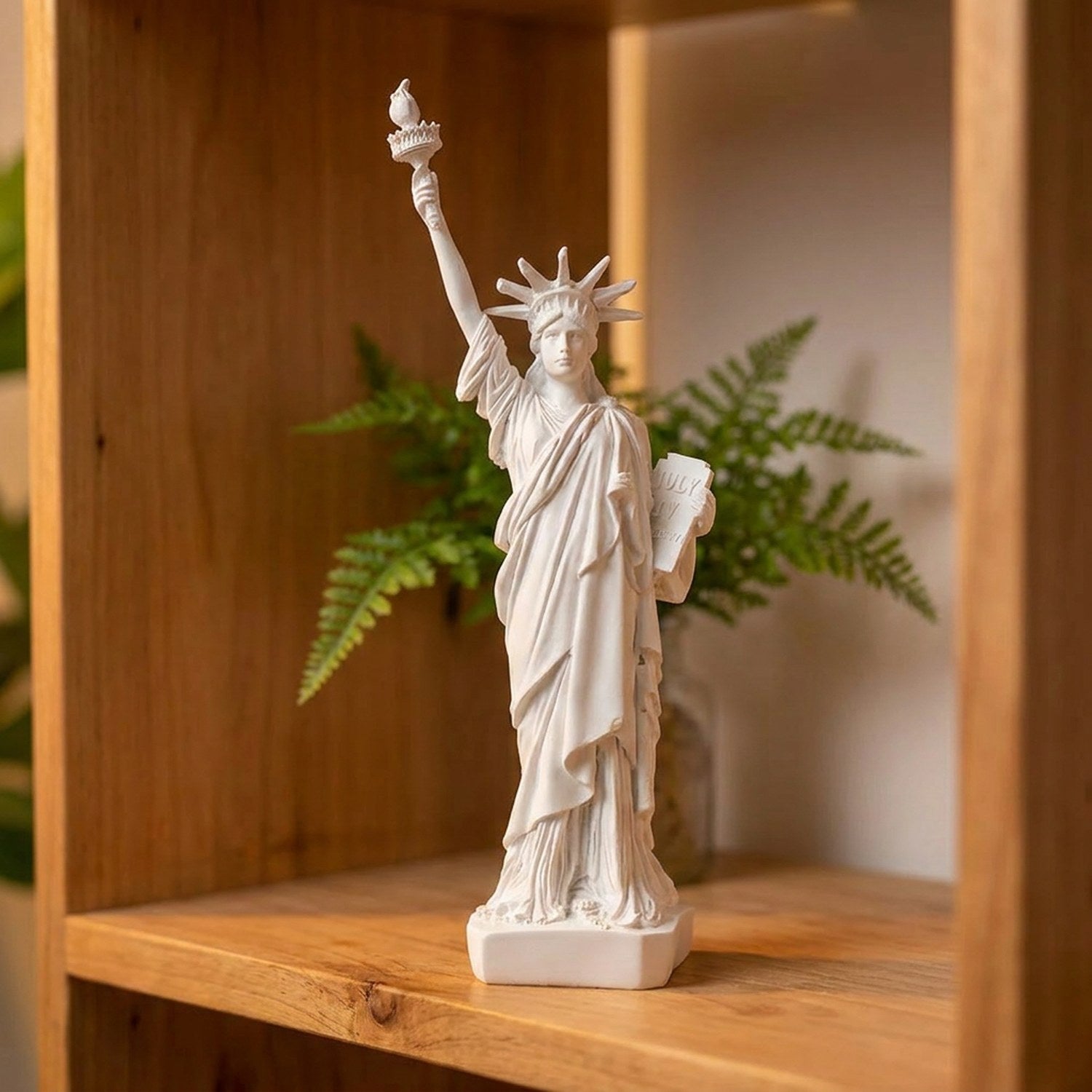 Statuette Statue de la Liberté résine blanche 30 cm posée sur une étagère en bois dans un intérieur moderne