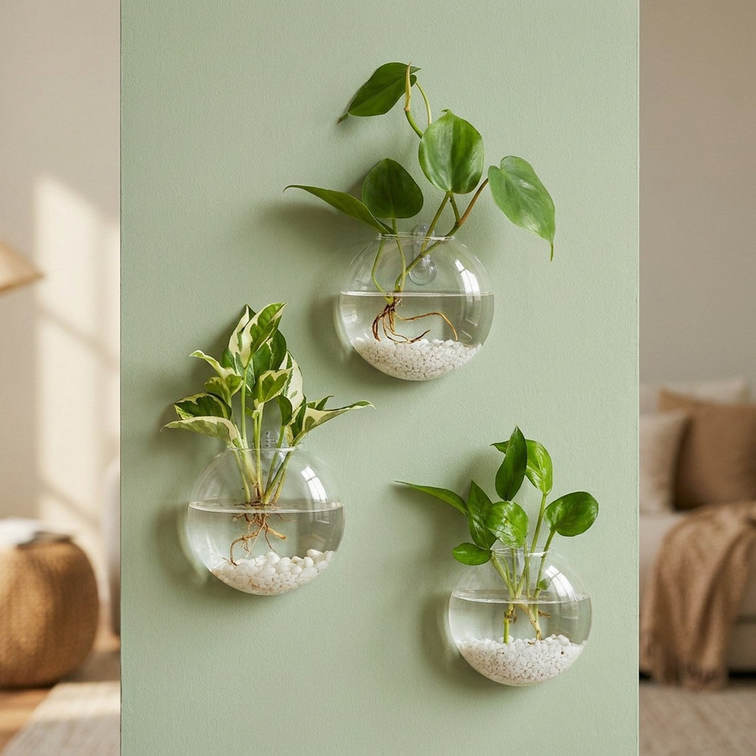 Vase mural en verre transparent suspendu avec plantes vertes et racines dans l'eau