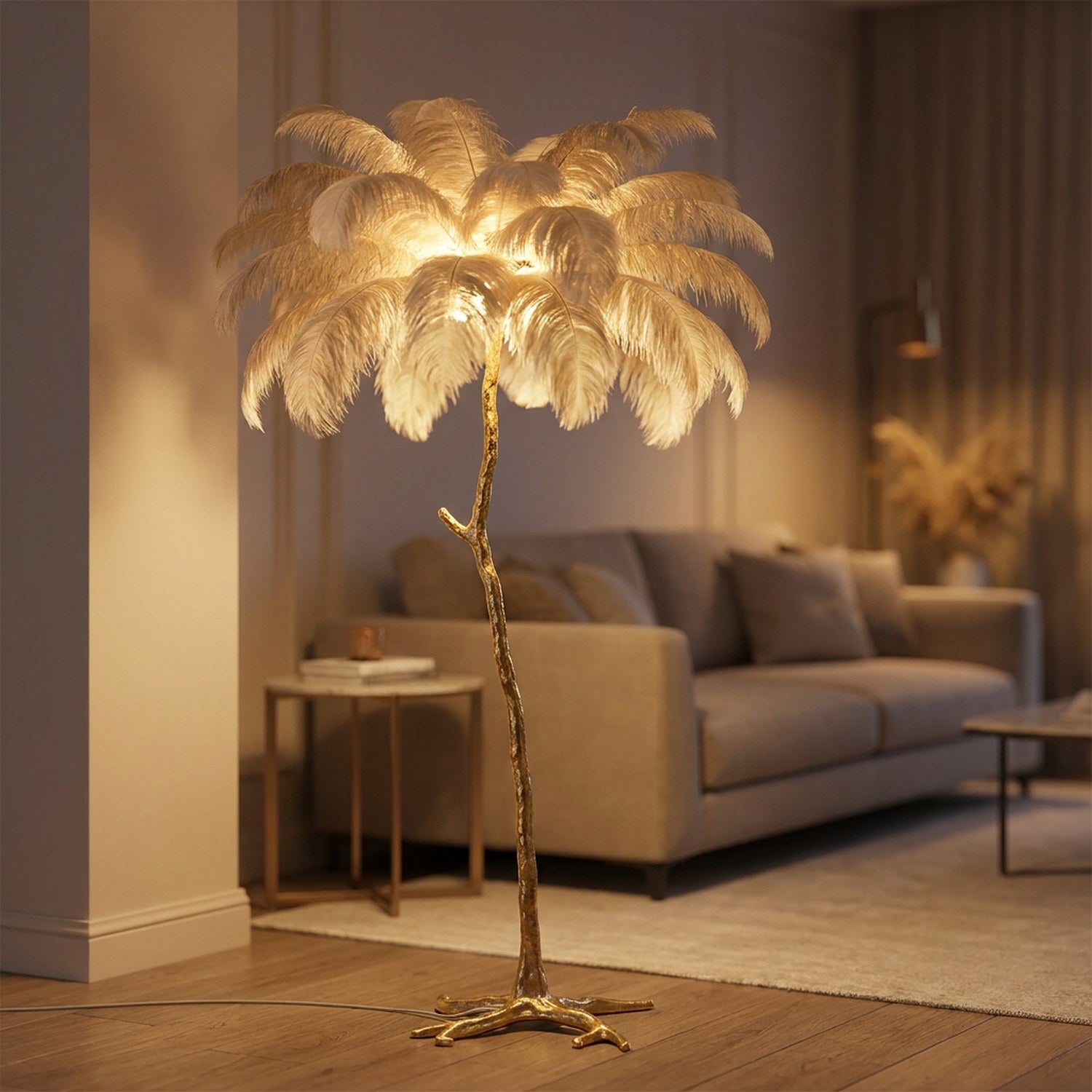 Lampadaire en plumes d'autruche beige au pied doré allumé dans un salon chaleureux