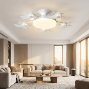 Ventilateur de plafond LED blanc allumé dans un salon moderne