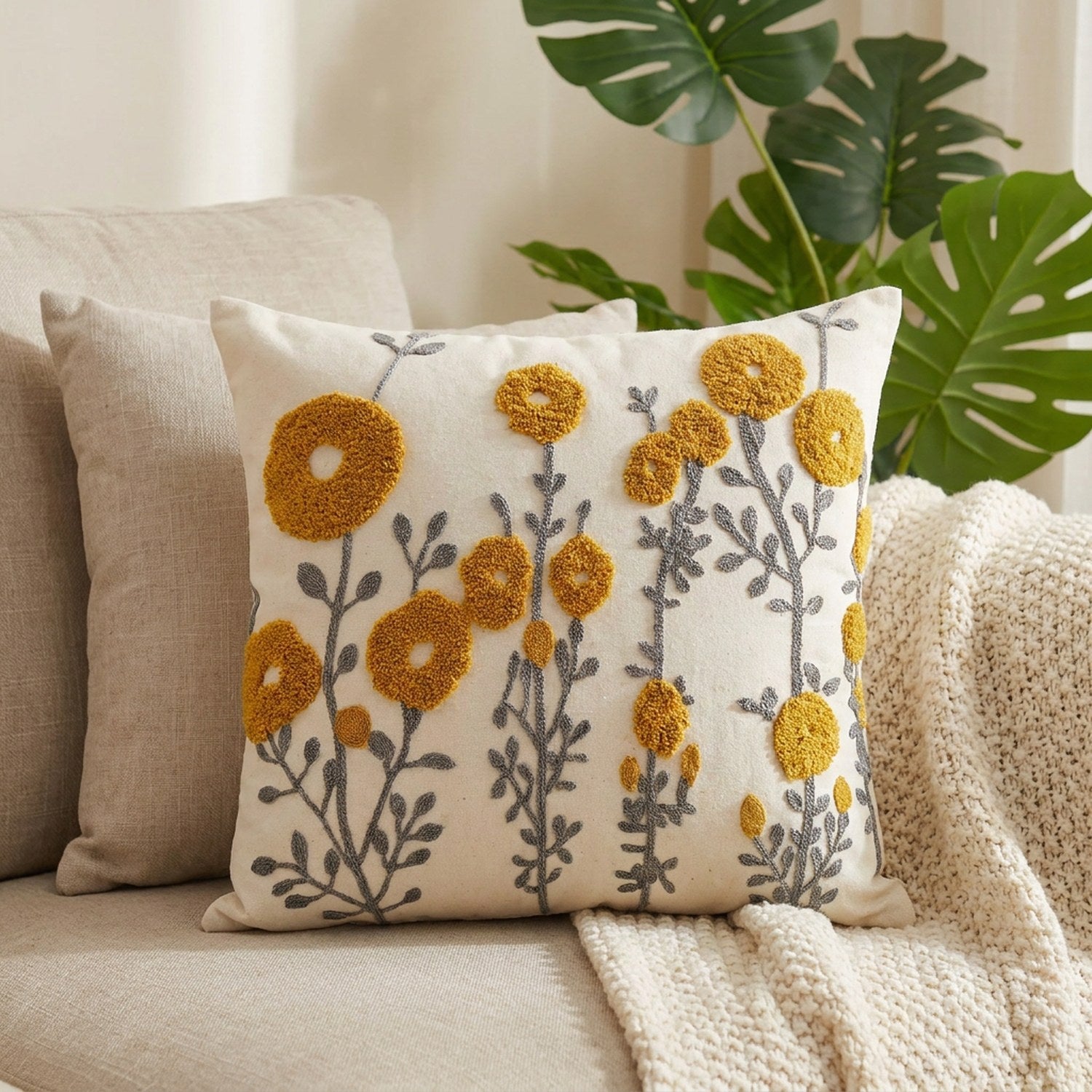 Housse de coussin carrée brodée de fleurs moutarde sur fond écru posée sur un canapé