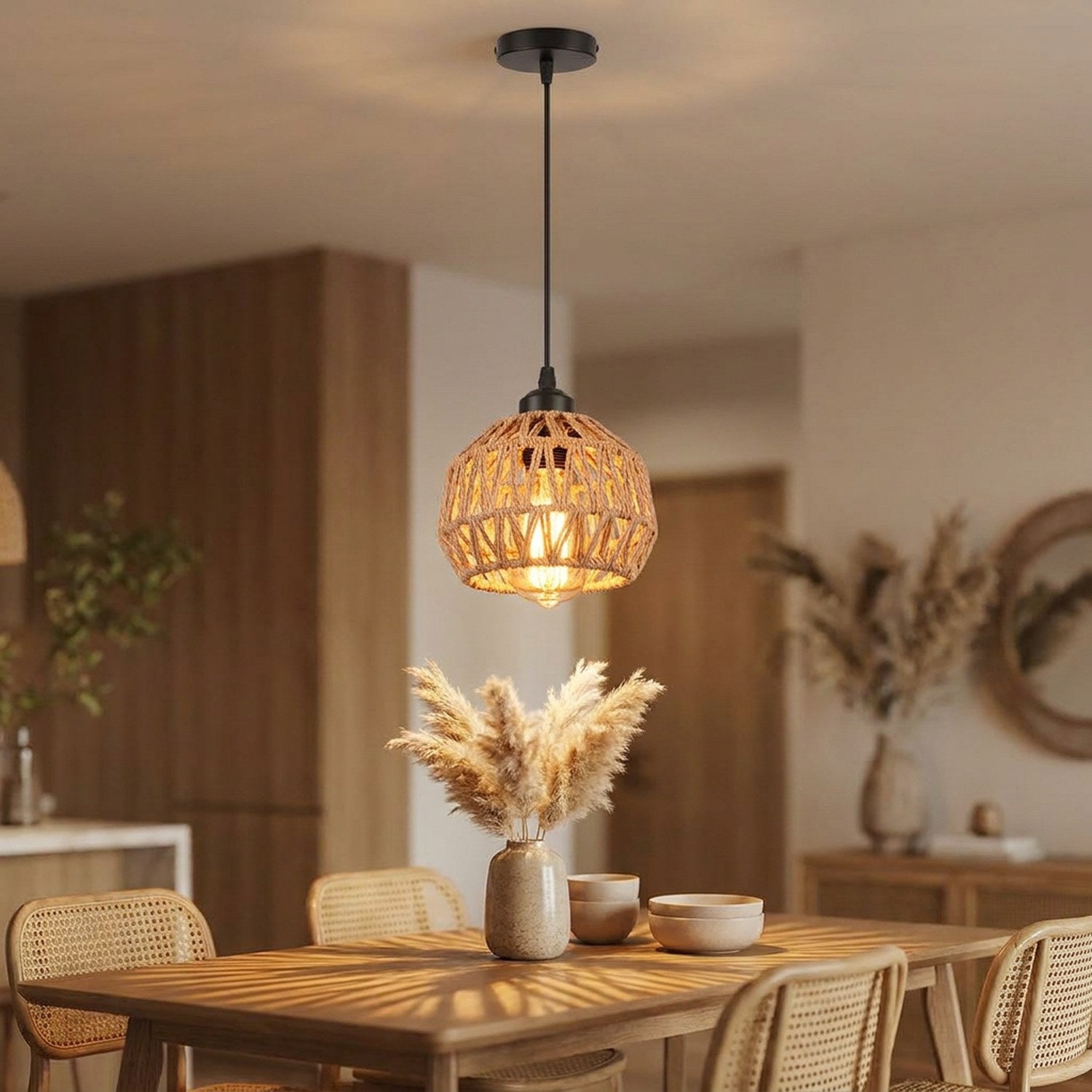 Suspension en corde de chanvre tressée beige allumée au-dessus d'une table en bois dans une cuisine chaleureuse