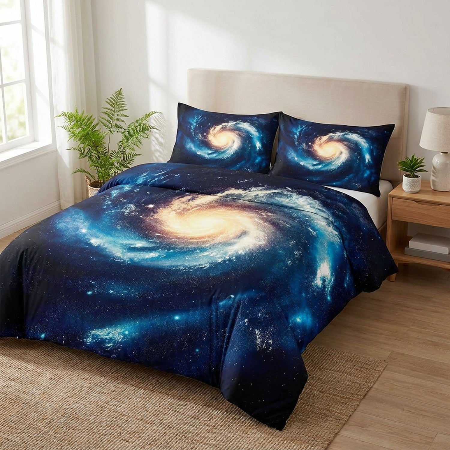 Parure de lit galaxie spirale bleue installée sur un lit fait dans une chambre cosmique lumineuse