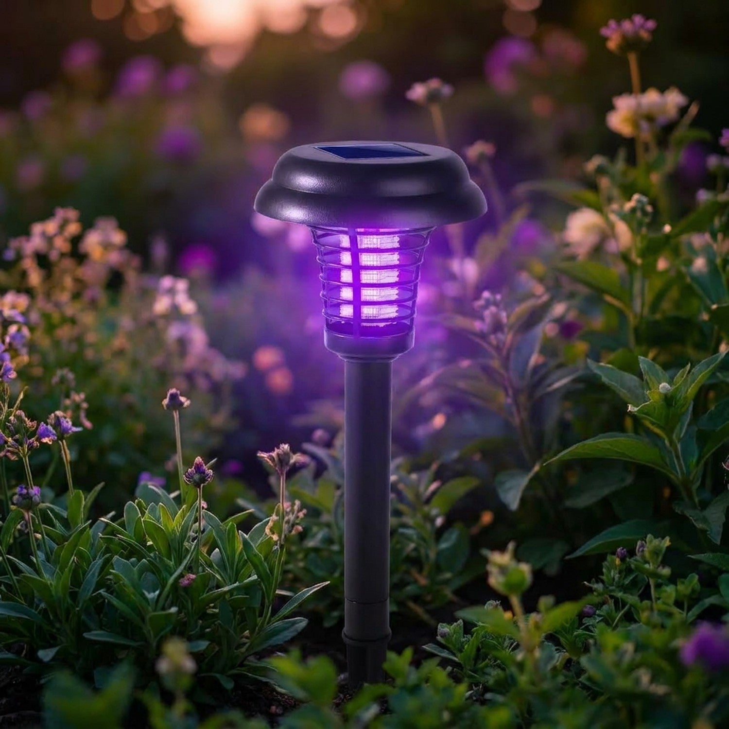 Lampe anti-moustiques solaire de jardin avec lumière UV violette dans un massif fleuri au crépuscule