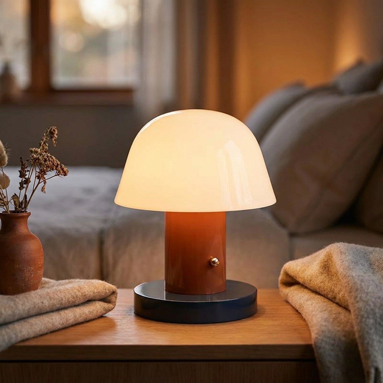 Lampe champignon au dôme opalin allumé et pied terracotta posée sur une table de chevet chaleureuse