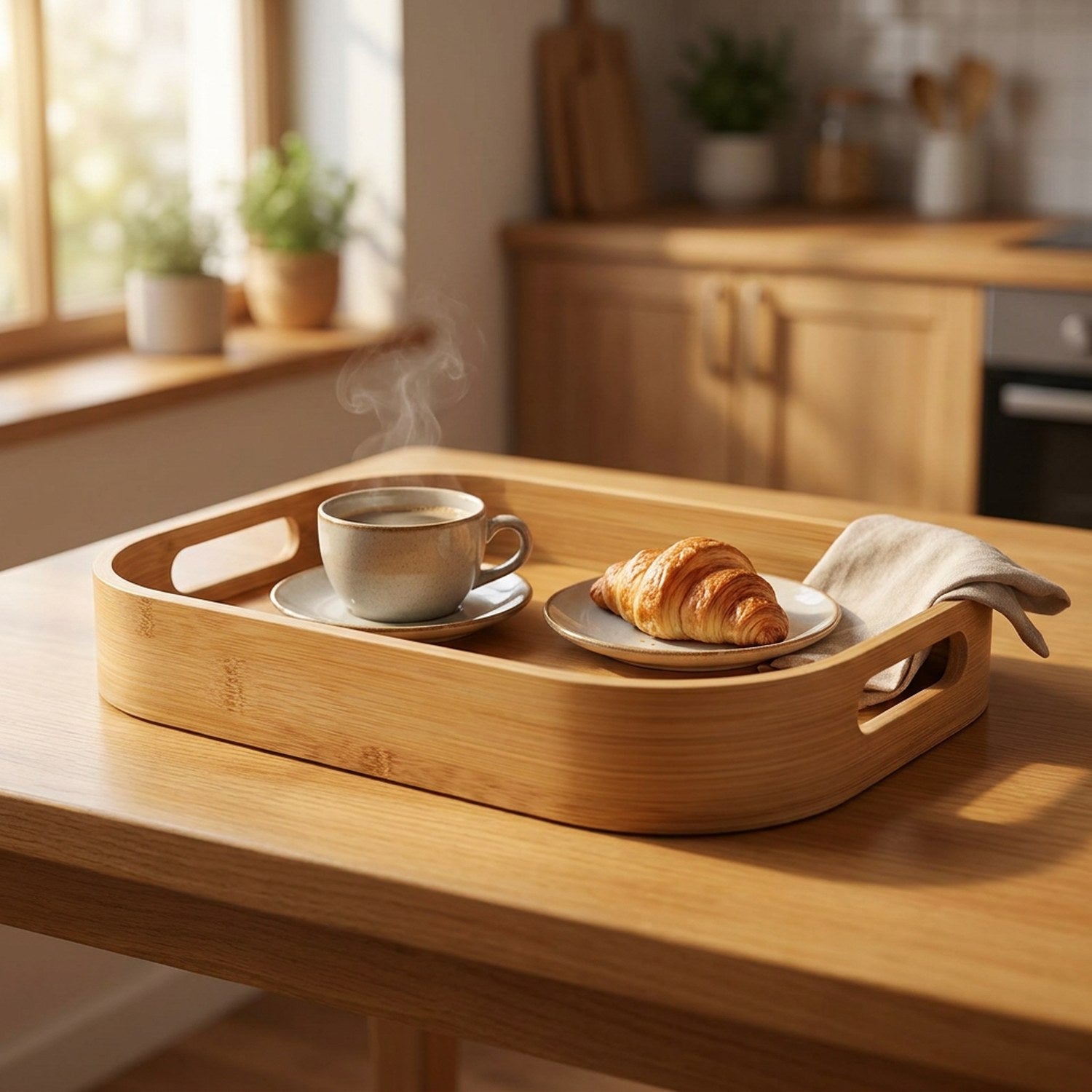 Plateau de service rectangulaire en bambou naturel garni d un café et d un croissant sur une table en bois