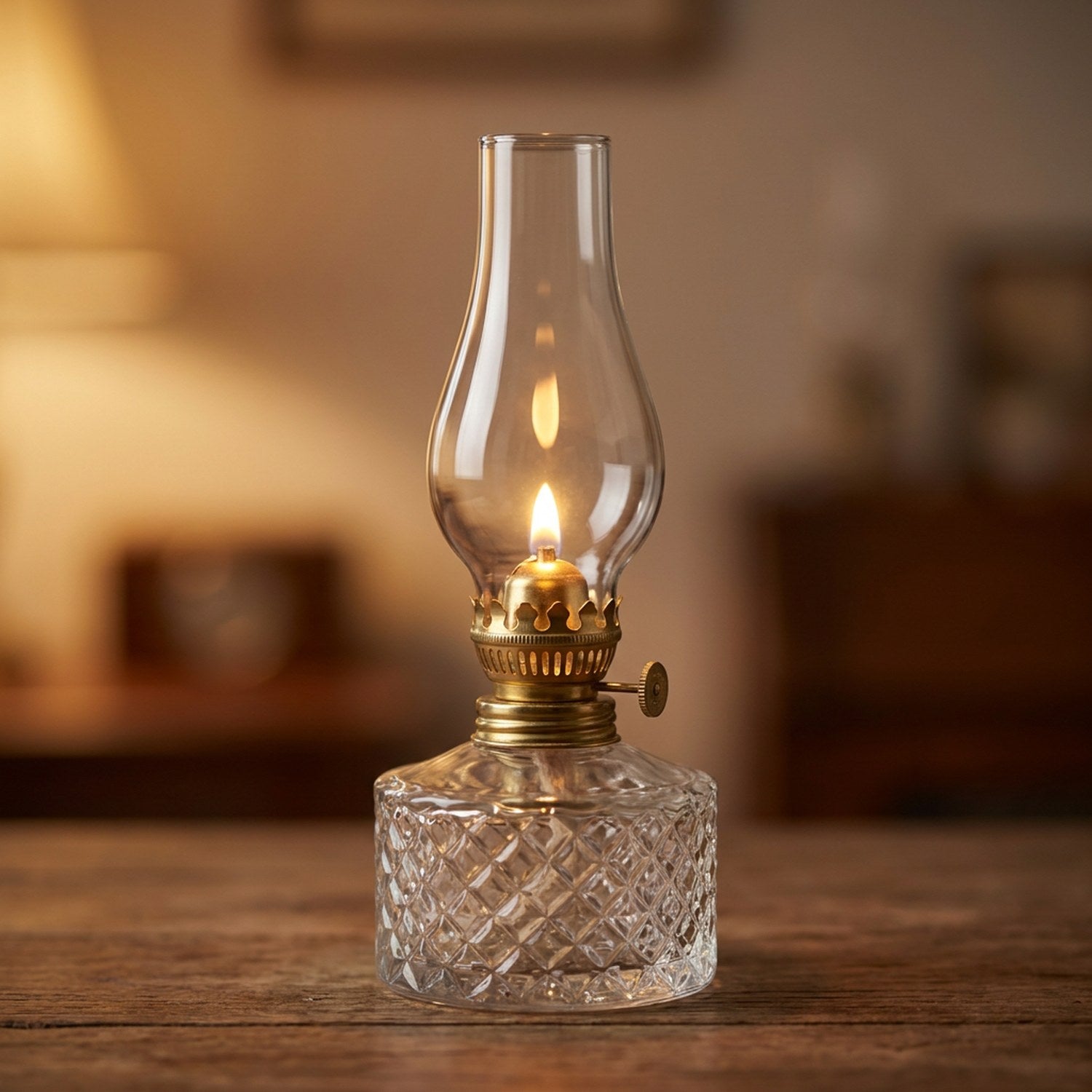 Lampe à huile vintage en verre taillé transparent allumée sur une table en bois avec une flamme dorée