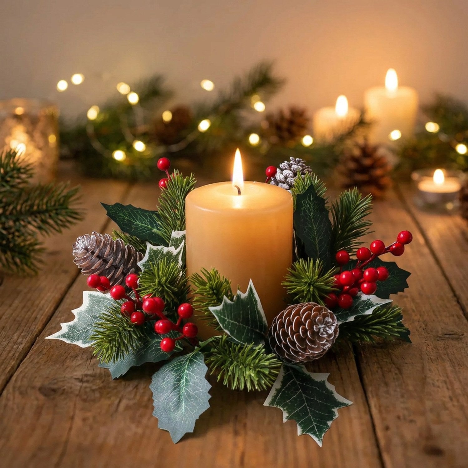 Couronne de Noël en aiguilles de pin et baies rouges autour d'une bougie allumée sur une table en bois