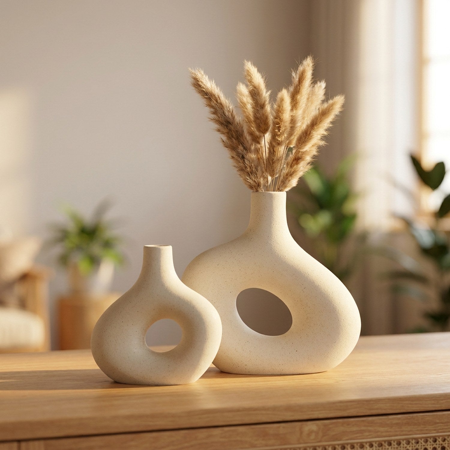 Deux vases en céramique donut blanc cassé garnis de pampa sur une console en bois