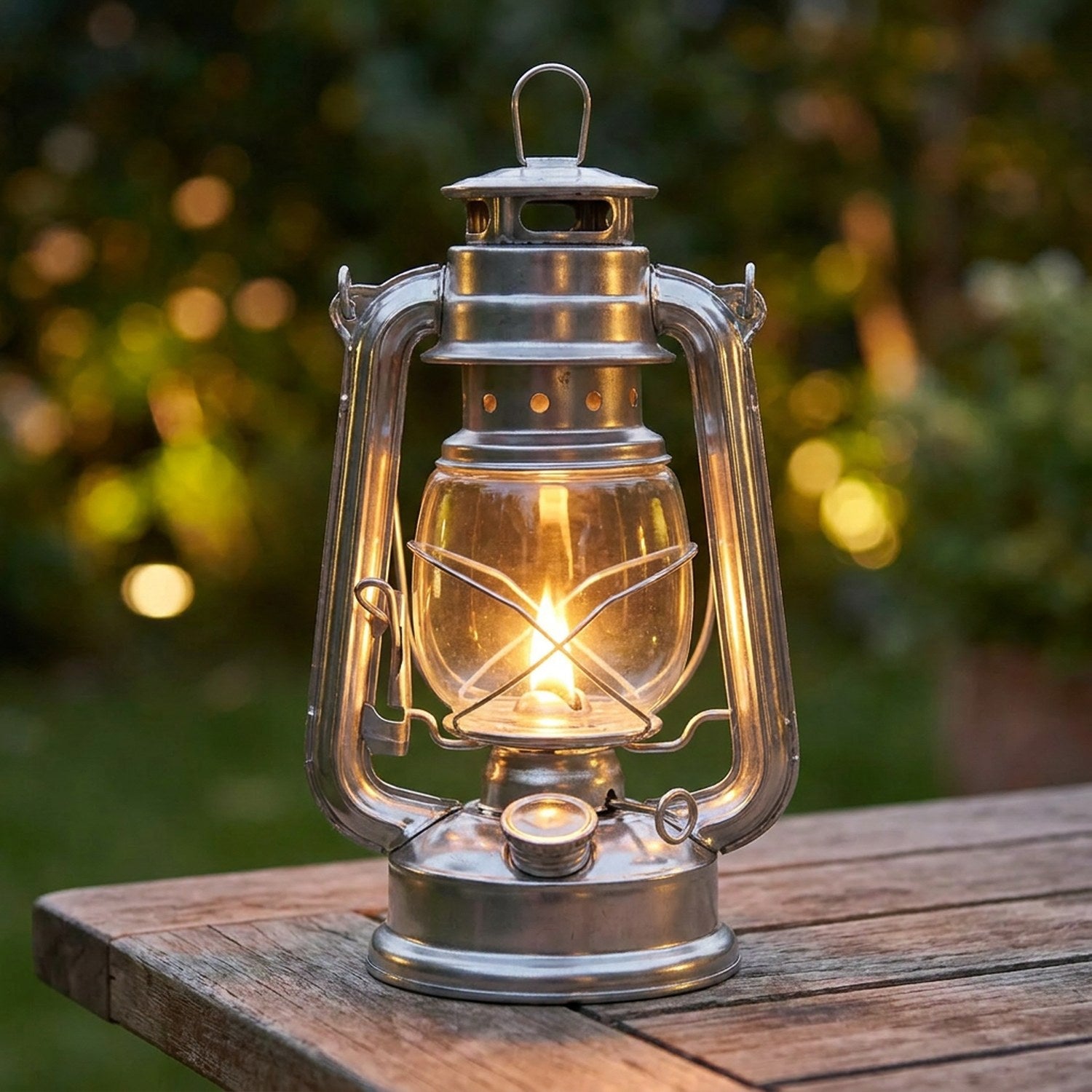 Lanterne tempête vintage en fer argenté et verre transparent posée sur une table en bois extérieure