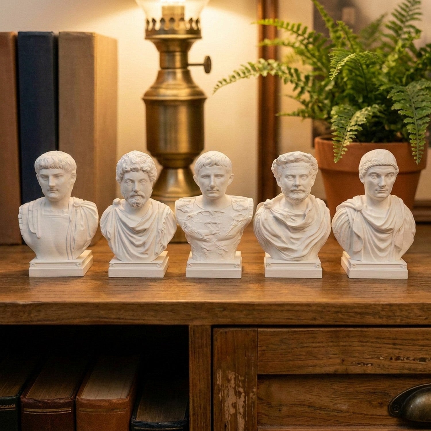 Collection de cinq bustes d empereurs romains en plâtre blanc alignés sur une étagère