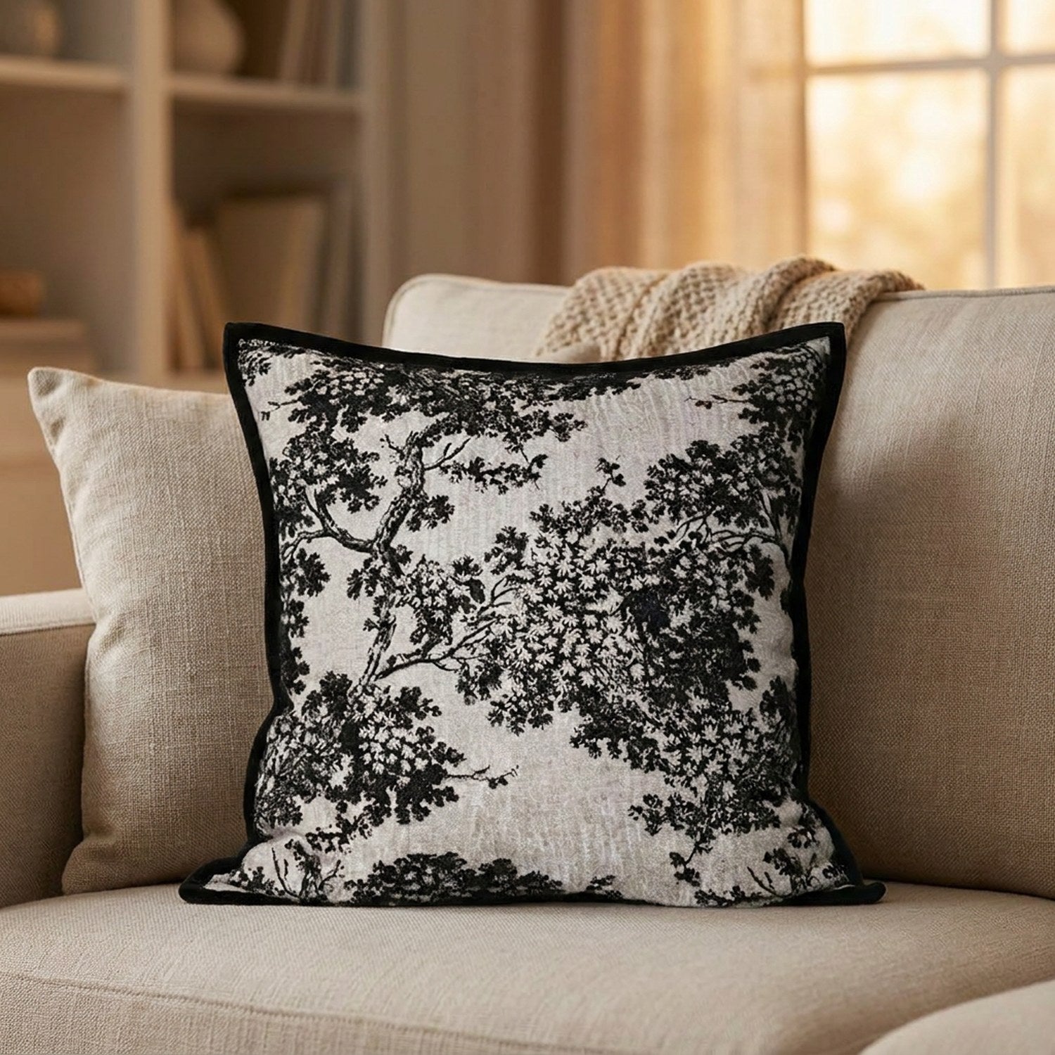 Housse de coussin jacquard motif toile de Jouy noir et blanc posée sur un canapé beige