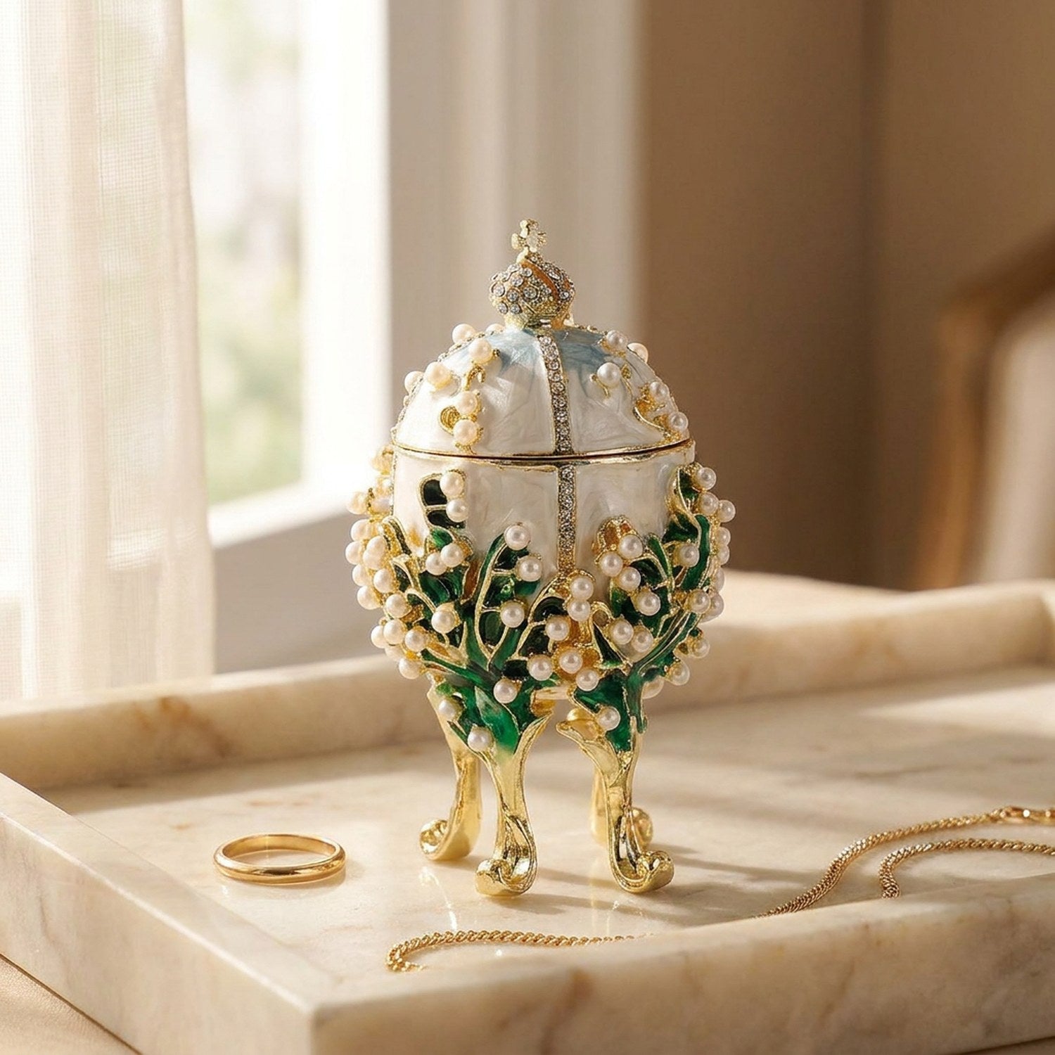 Boîte à bijoux ancienne en forme d'œuf émaillé blanc avec perles et couronne posée sur une coiffeuse en marbre