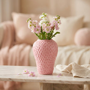 Vase rose en céramique en forme de fraise à la texture grainée garni de fleurs roses sur une console en marbre