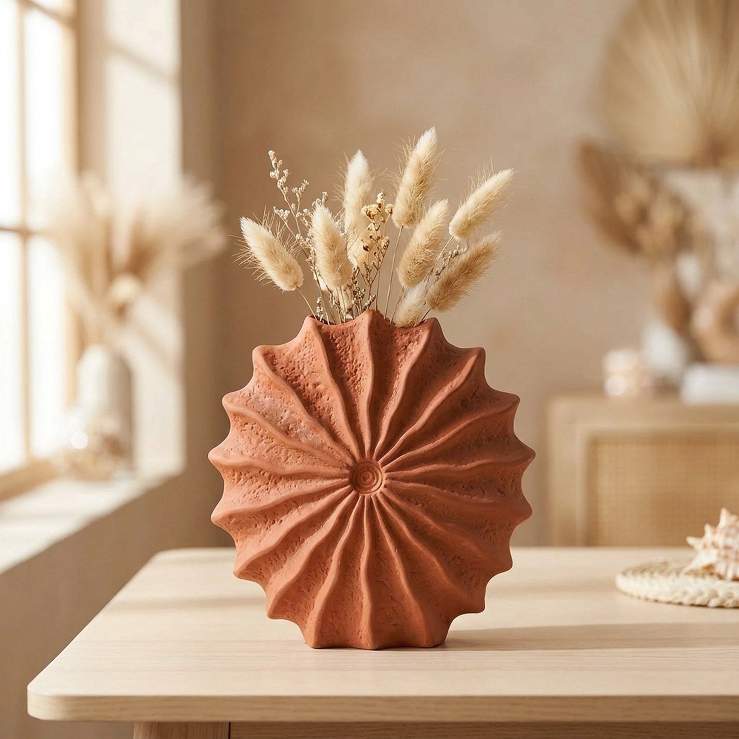 Vase coquillage en céramique terracotta garni de fleurs séchées posé sur un bureau lumineux