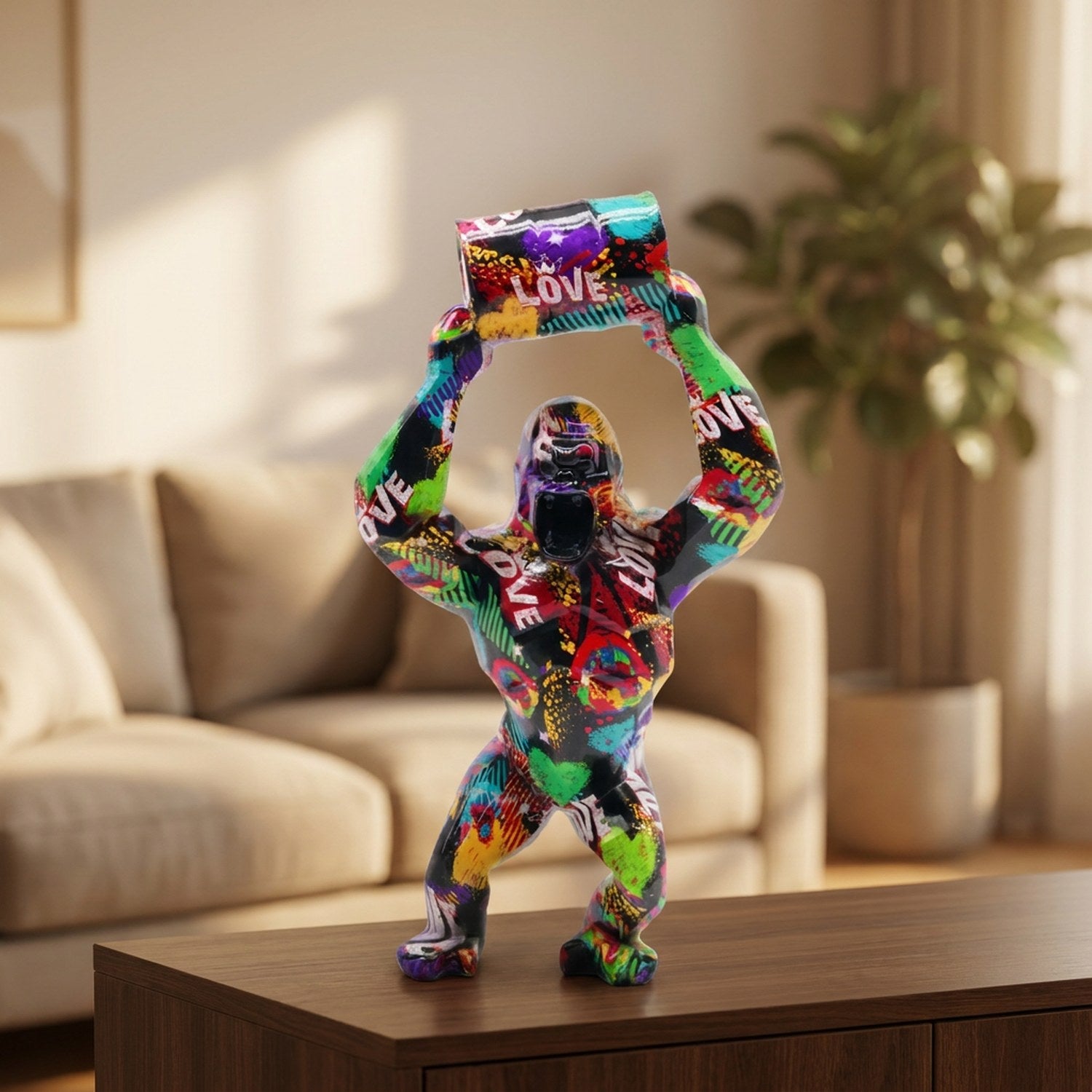 Sculpture gorille en résine colorée au style pop-art posée sur un meuble dans un salon