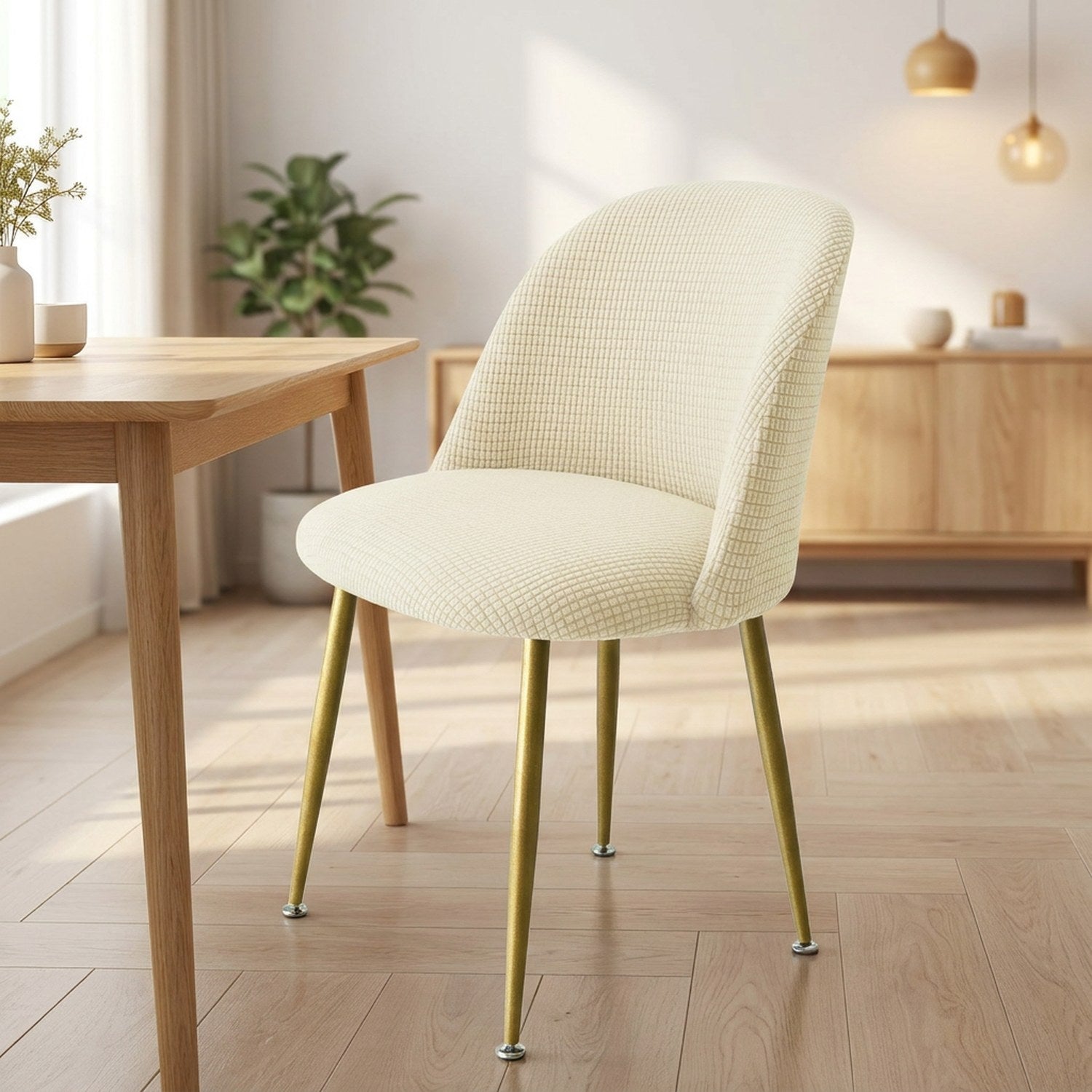 Housse de chaise extensible beige ajustée sur une chaise scandinave dans une salle à manger lumineuse