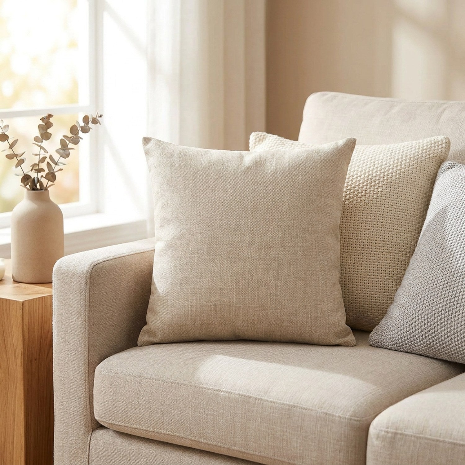 Housse de coussin beige en lin posée sur un canapé, prête à recevoir une photo imprimée
