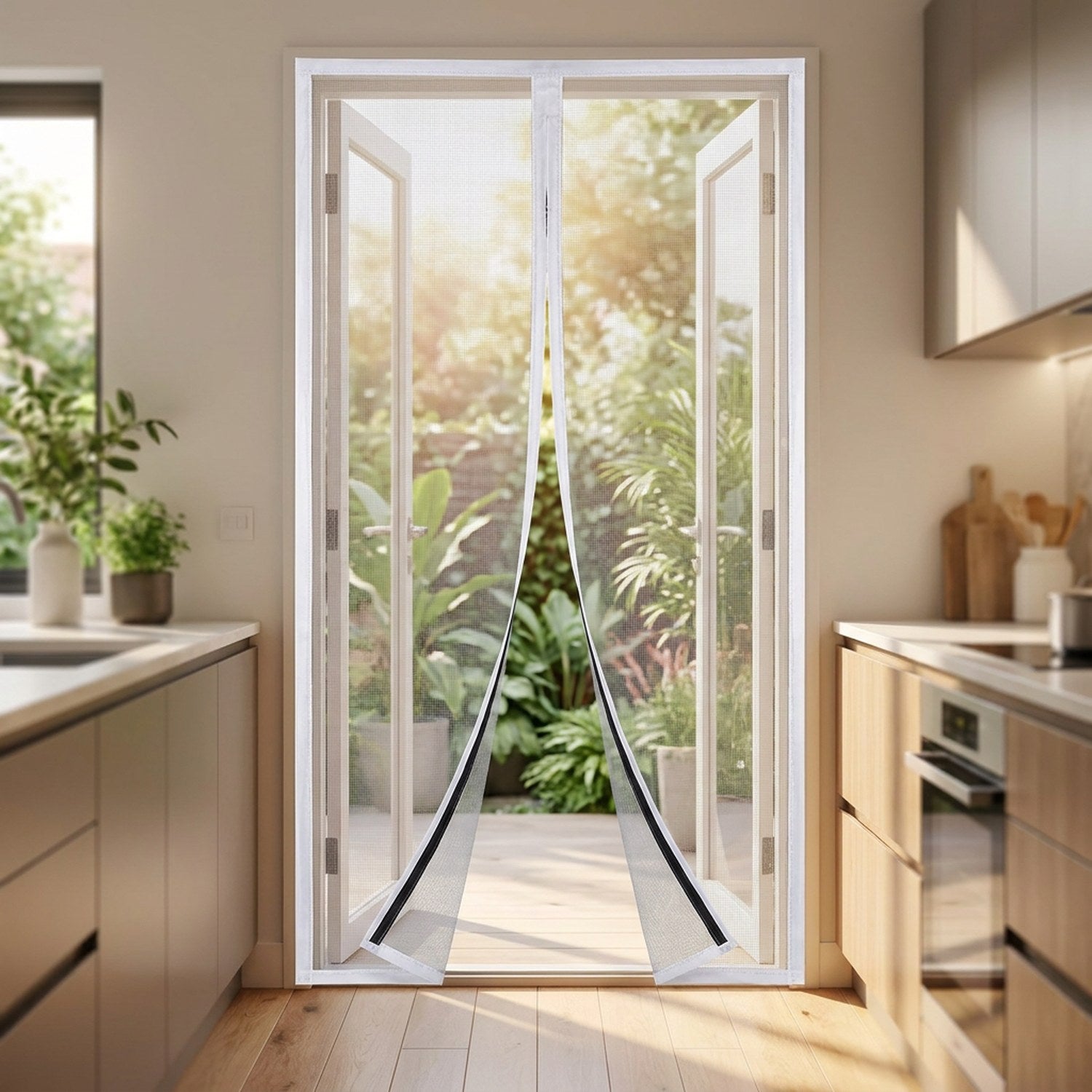 Moustiquaire magnétique blanche installée sur une porte fenêtre coulissante avec vue sur le jardin
