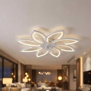 Plafonnier ventilateur LED blanc en forme de fleur installé au plafond d'un salon moderne