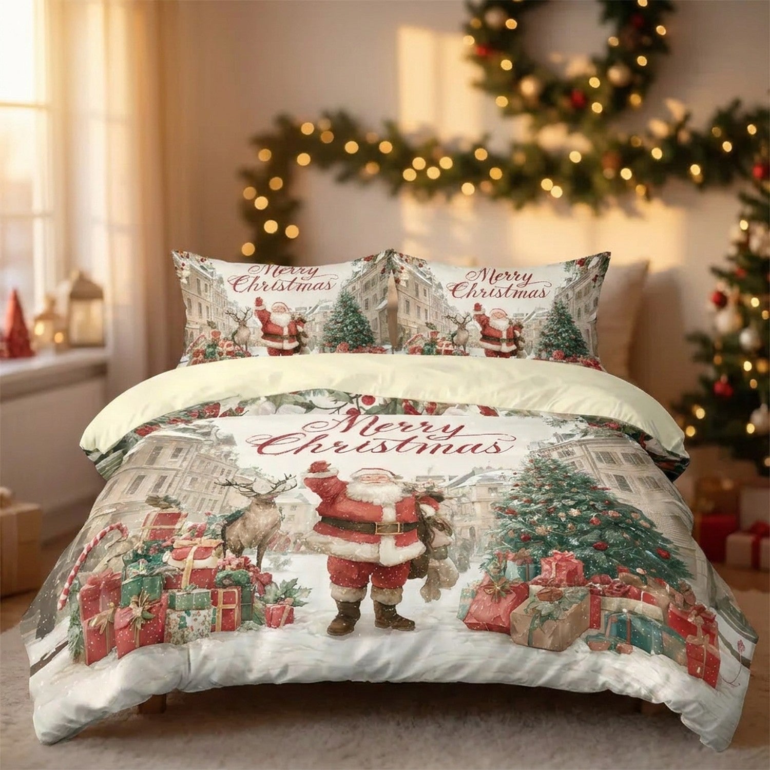 Housse de couette et taies imprimées Père Noël sur un lit fait dans une chambre chaleureuse