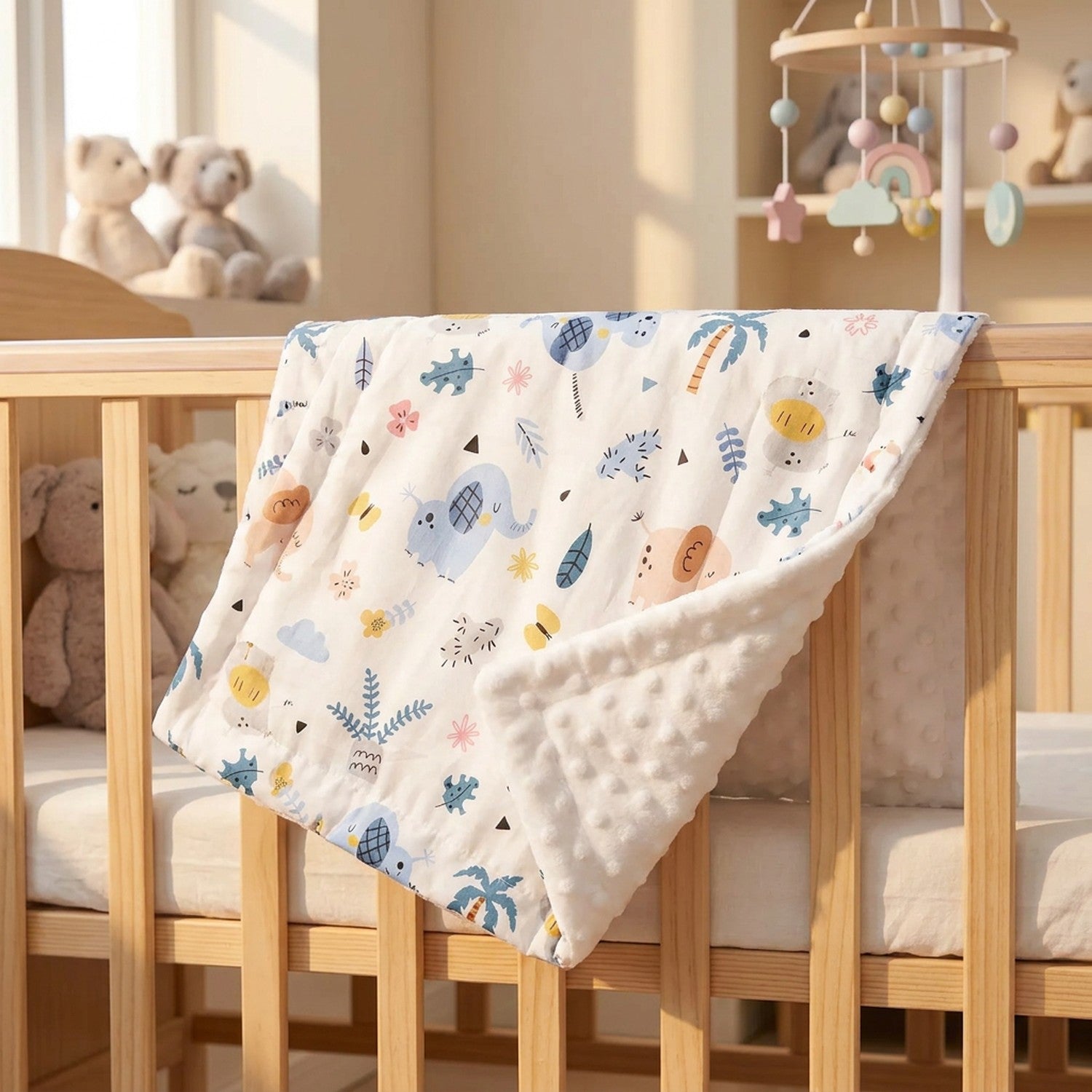 Couverture bébé matelassée doudou minky à motif éléphants sur un lit à barreaux dans une chambre d'enfant