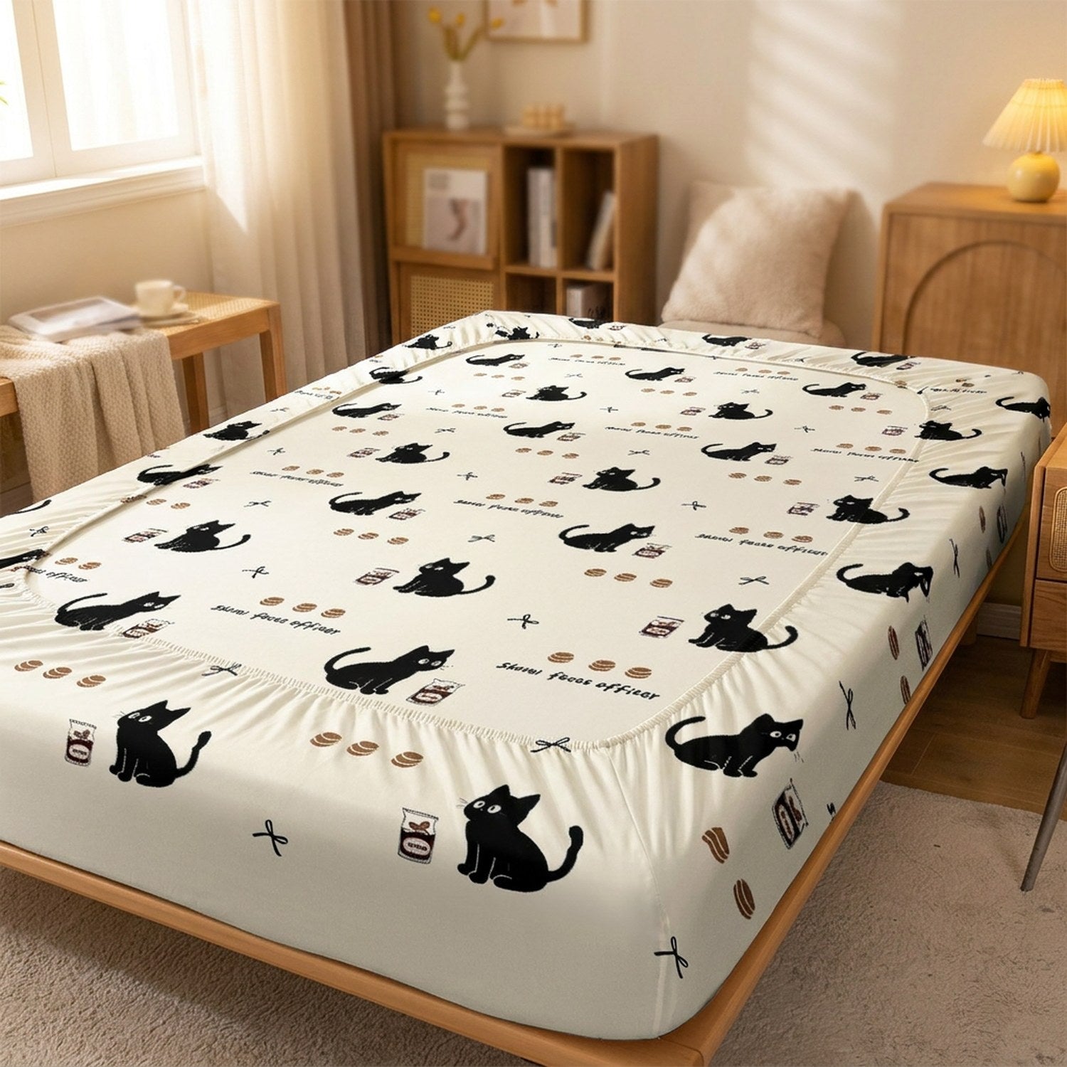 Drap housse chat dessin animé installé sur un lit avec vue rapprochée du motif
