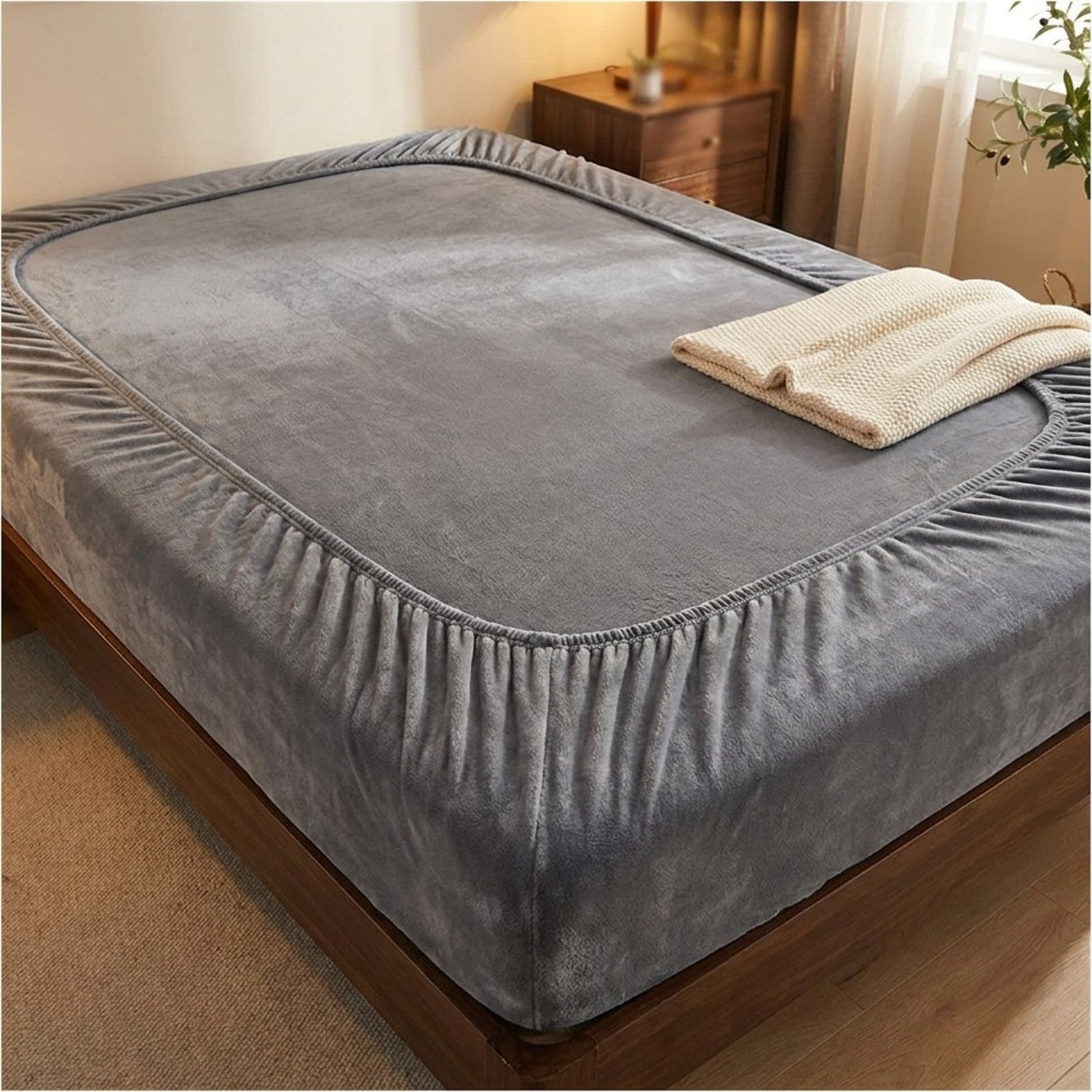 Drap-housse en molleton de corail gris posé sur un lit dans une chambre chaleureuse