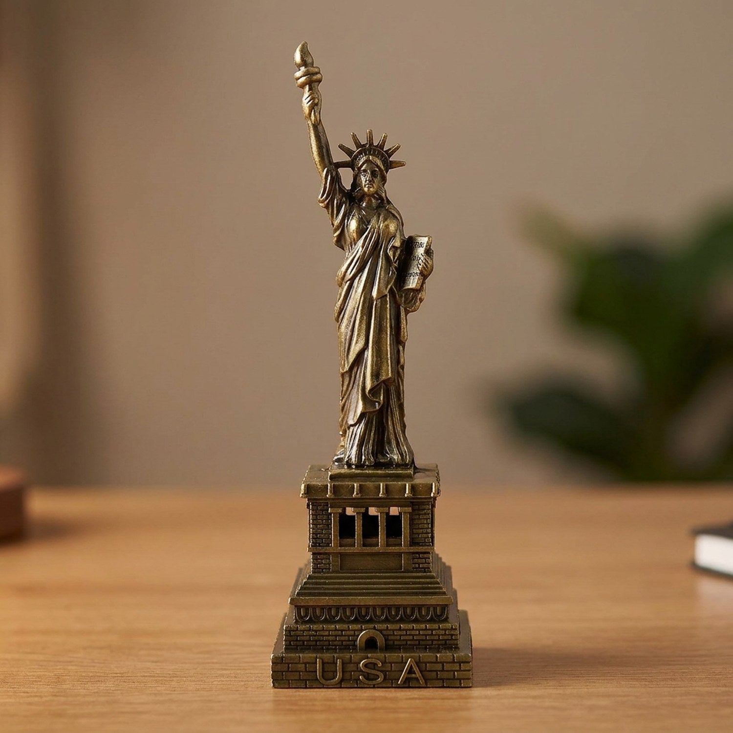 Statue de la Liberté miniature en bronze posée sur un bureau en bois