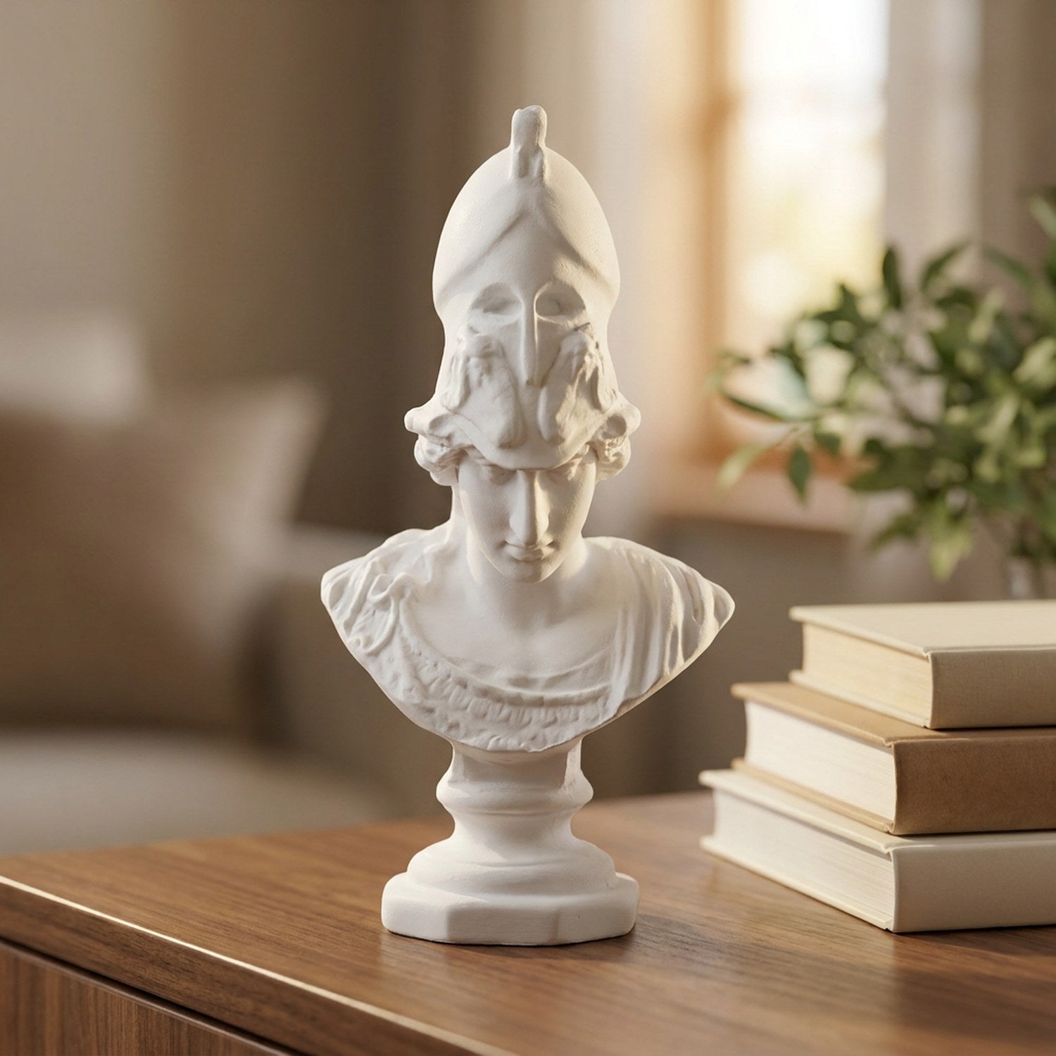 Statue Athéna en résine blanche posée sur une console avec casque corinthien et drapé classique