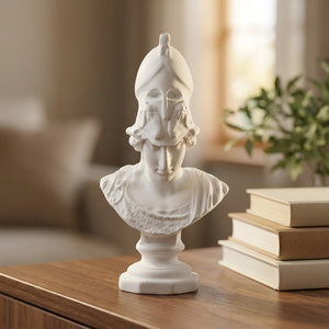 Statue Athéna en résine blanche posée sur une console avec casque corinthien et drapé classique