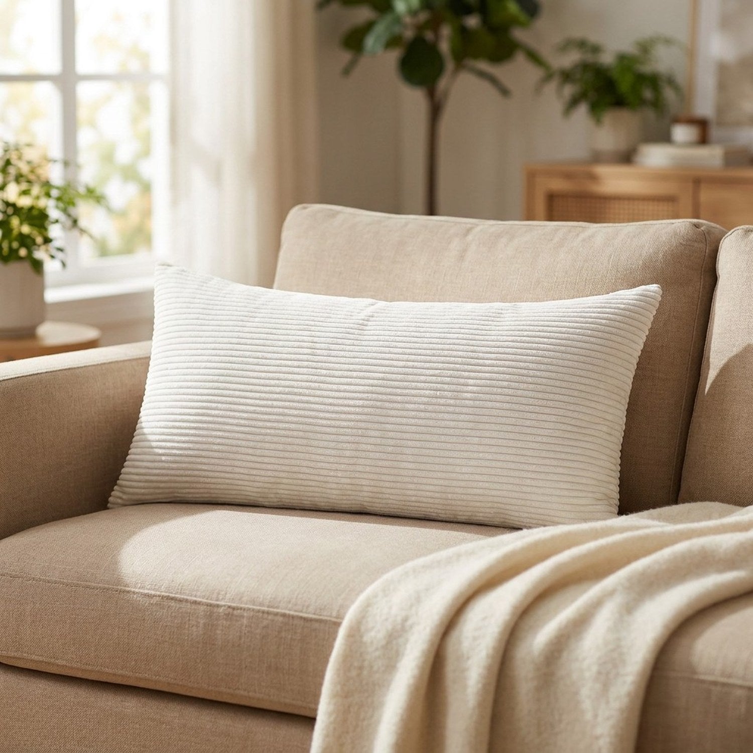 Traversin rectangulaire blanc en velours côtelé rayé posé sur un fauteuil en lin beige