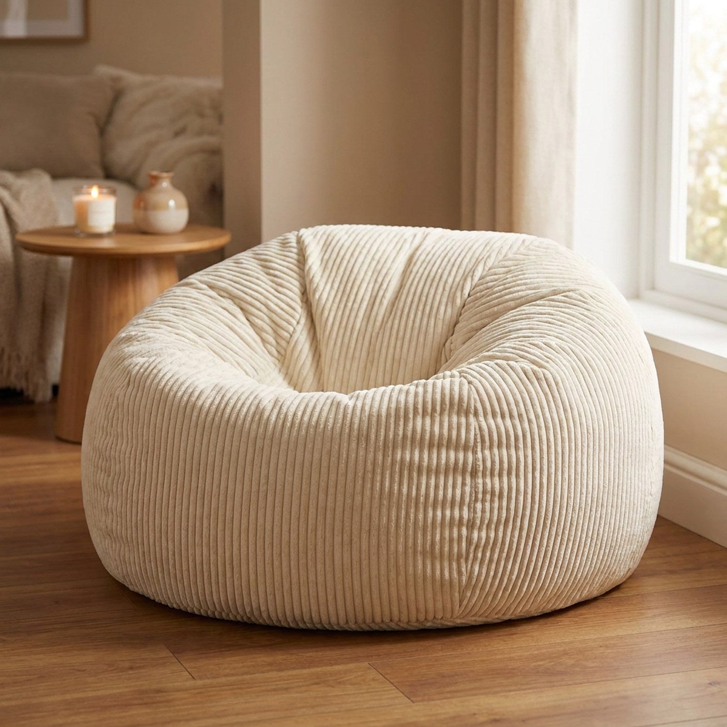 Pouf blanc en velours côtelé posé au sol dans un salon chaleureux