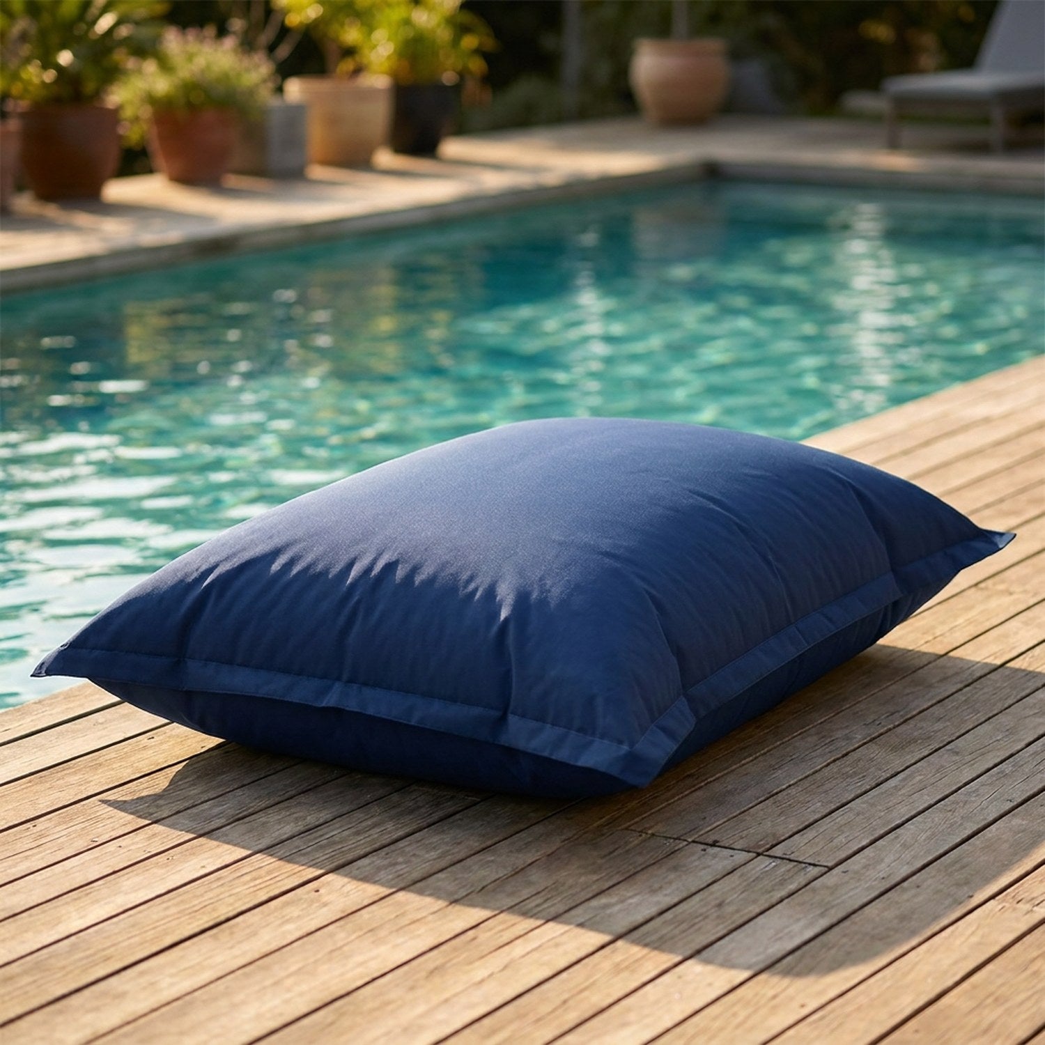 Pouf géant d'extérieur bleu marine posé au bord d'une piscine sous le soleil