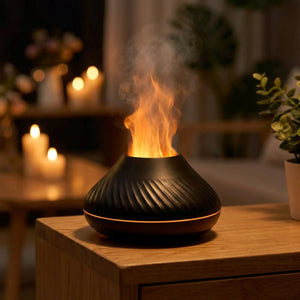 Diffuseur volcanique ultrasonique noir veilleuse LED flamme orange