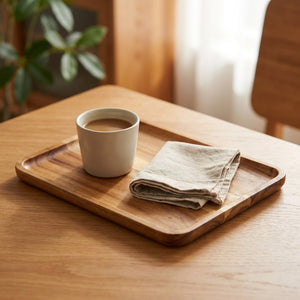 Plateau de service rectangulaire en bois d'acacia avec une tasse de café et une serviette en lin sur une table