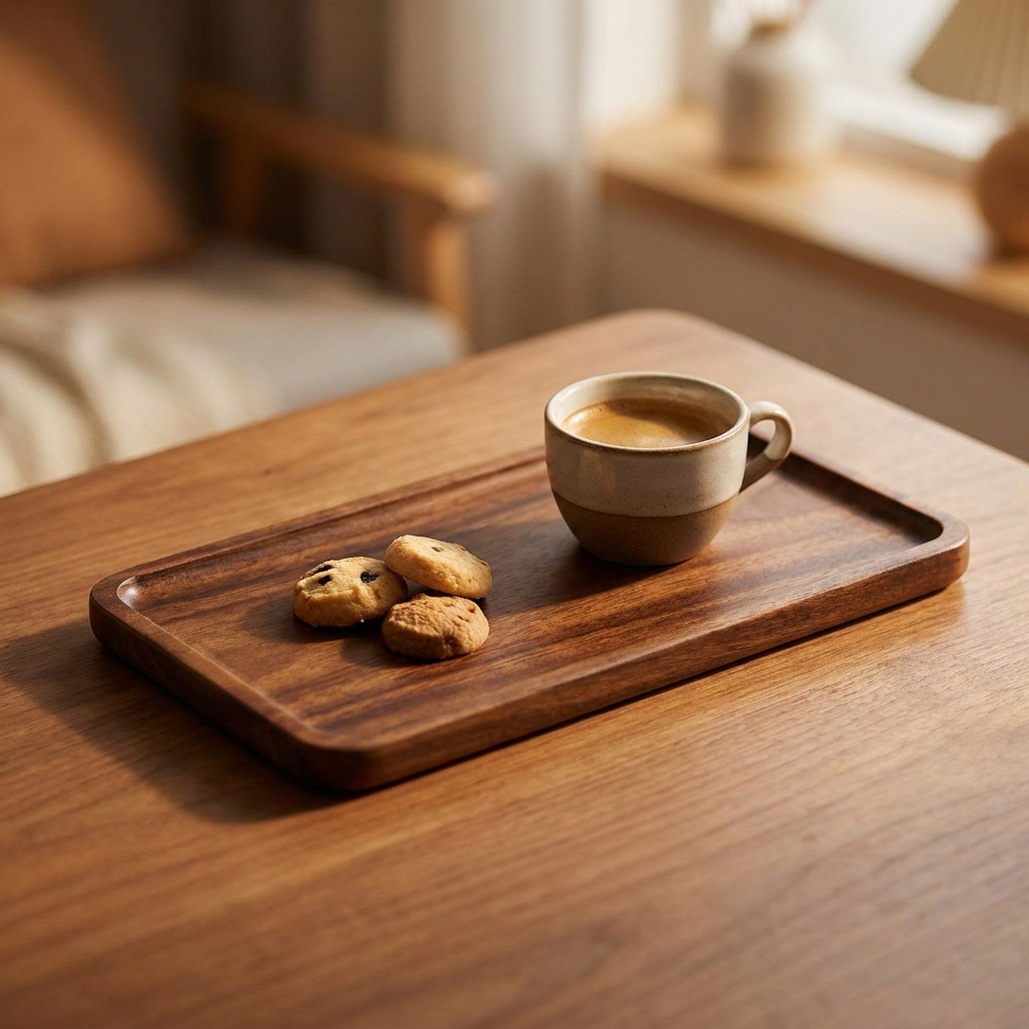 Plateau de service en bois de noyer foncé avec une tasse de café et des biscuits