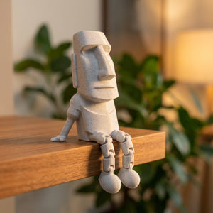 Statue Moai de l'île de Pâques articulée en finition grise assise au bord d'une étagère les jambes pendantes