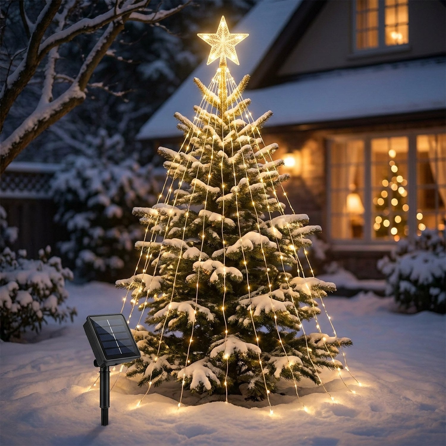 Guirlande lumineuse solaire de Noël en cascade avec étoile illuminant un sapin extérieur enneigé