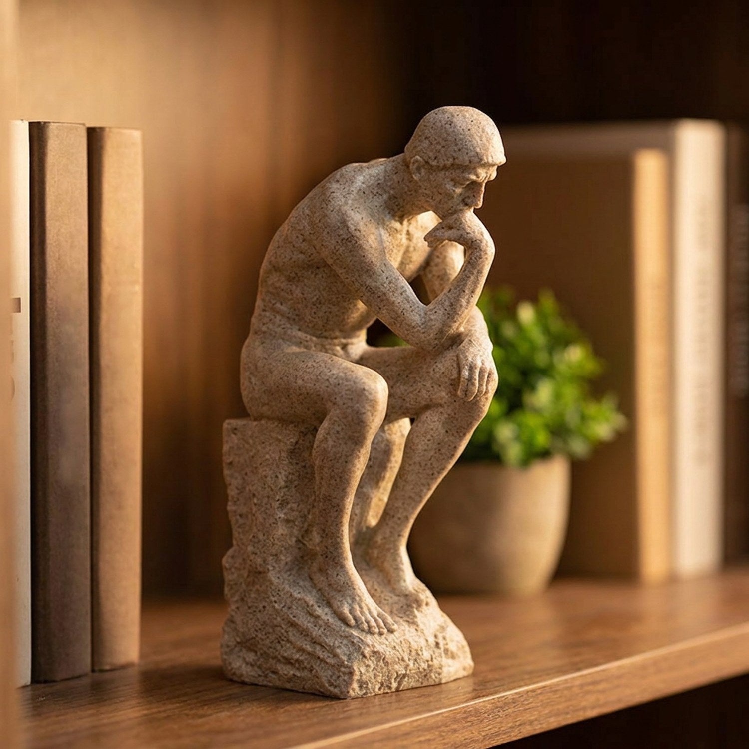 Statue de penseur en résine beige posée sur une étagère en bois dans un salon décoré