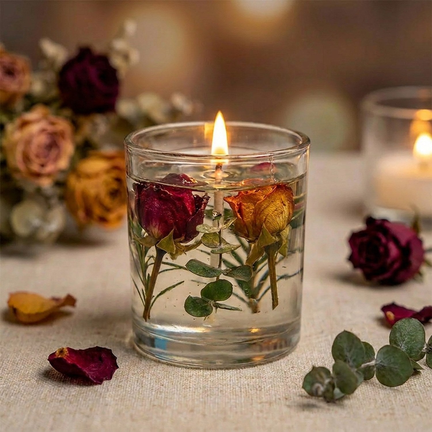 Bougie parfumée aux roses séchées dans un verre transparent allumée sur une nappe en lin avec fleurs séchées