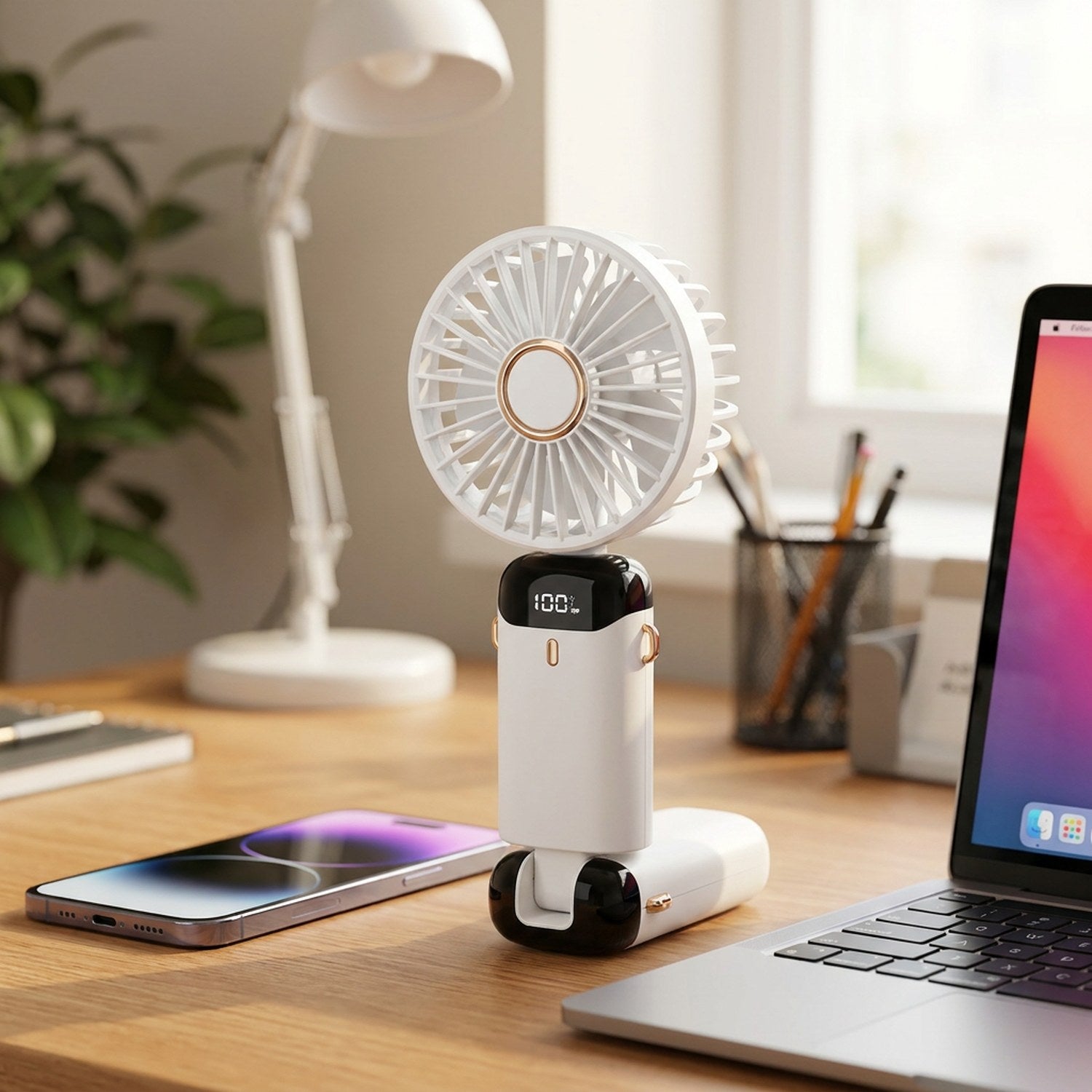 Mini ventilateur portable blanc avec écran digital posé sur un bureau à côté d'un ordinateur portable
