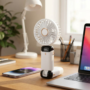 Mini ventilateur portable blanc avec écran digital posé sur un bureau à côté d'un ordinateur portable