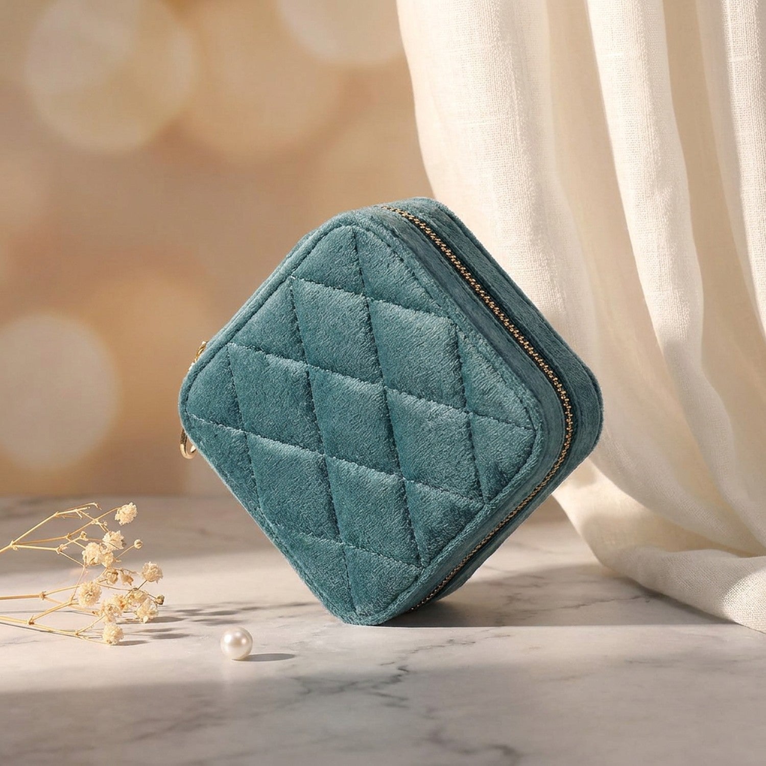 Boîte à bijoux fille en velours bleu canard forme losange avec miroir posée sur marbre