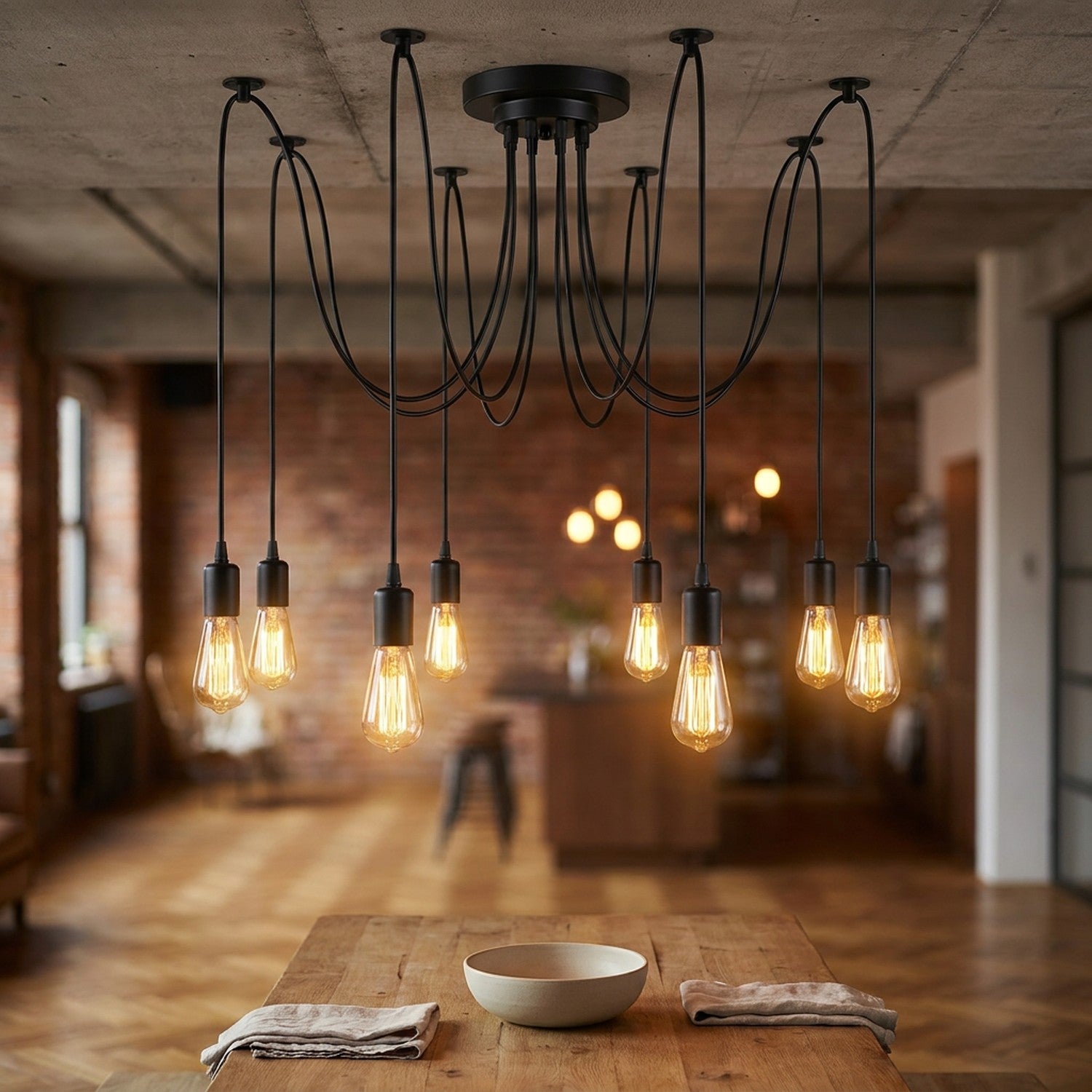 Lustre araignée industriel vintage 8 têtes métal noir mat suspendu dans un loft industriel avec ampoules Edison allumées au-dessus d'une table en bois