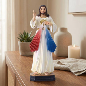 Figurine Miséricorde Divine Jésus résine blanche rayons rouge et bleu