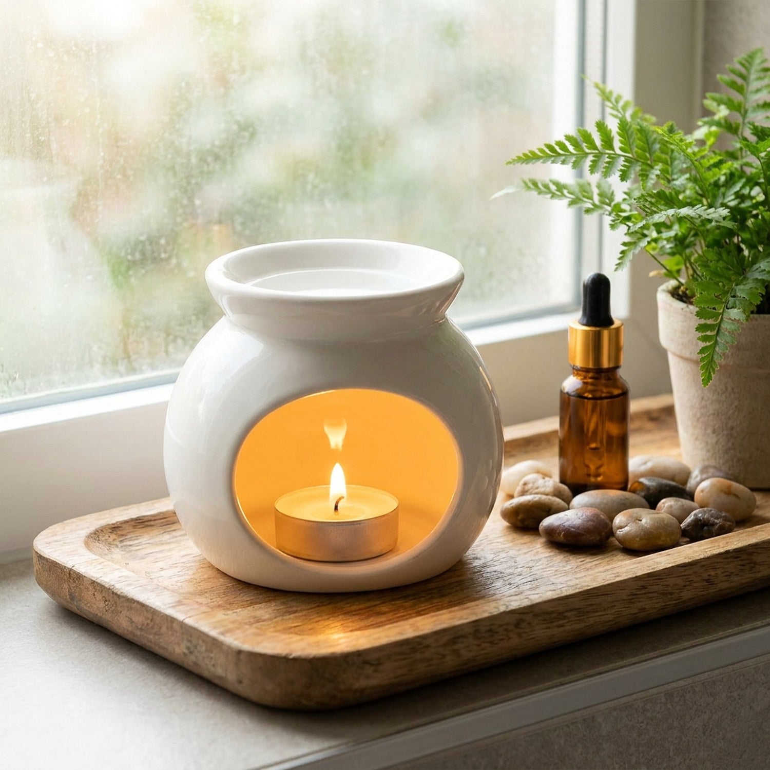 Brûle-parfum en céramique blanc sur plateau bois avec bougie allumée et plantes