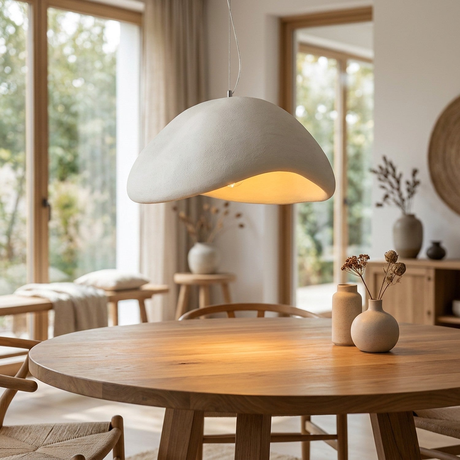 Suspension lustre Wabi Sabi blanc au-dessus d'une table en bois dans un intérieur japonisant