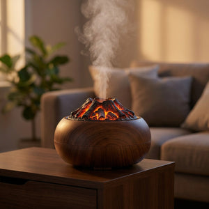 Humidificateur diffuseur d'arômes en forme de volcan en bois avec braises rougeoyantes et brume sur une table