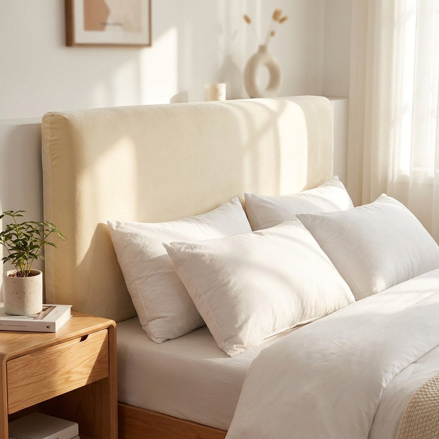 Housse de tête de lit en velours beige extensible installée sur une tête de lit dans une chambre chaleureuse